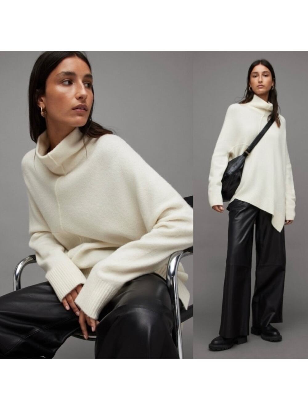 AllSaints Ivory Asymmetric Roll Neck Wool Yak Sweater XS